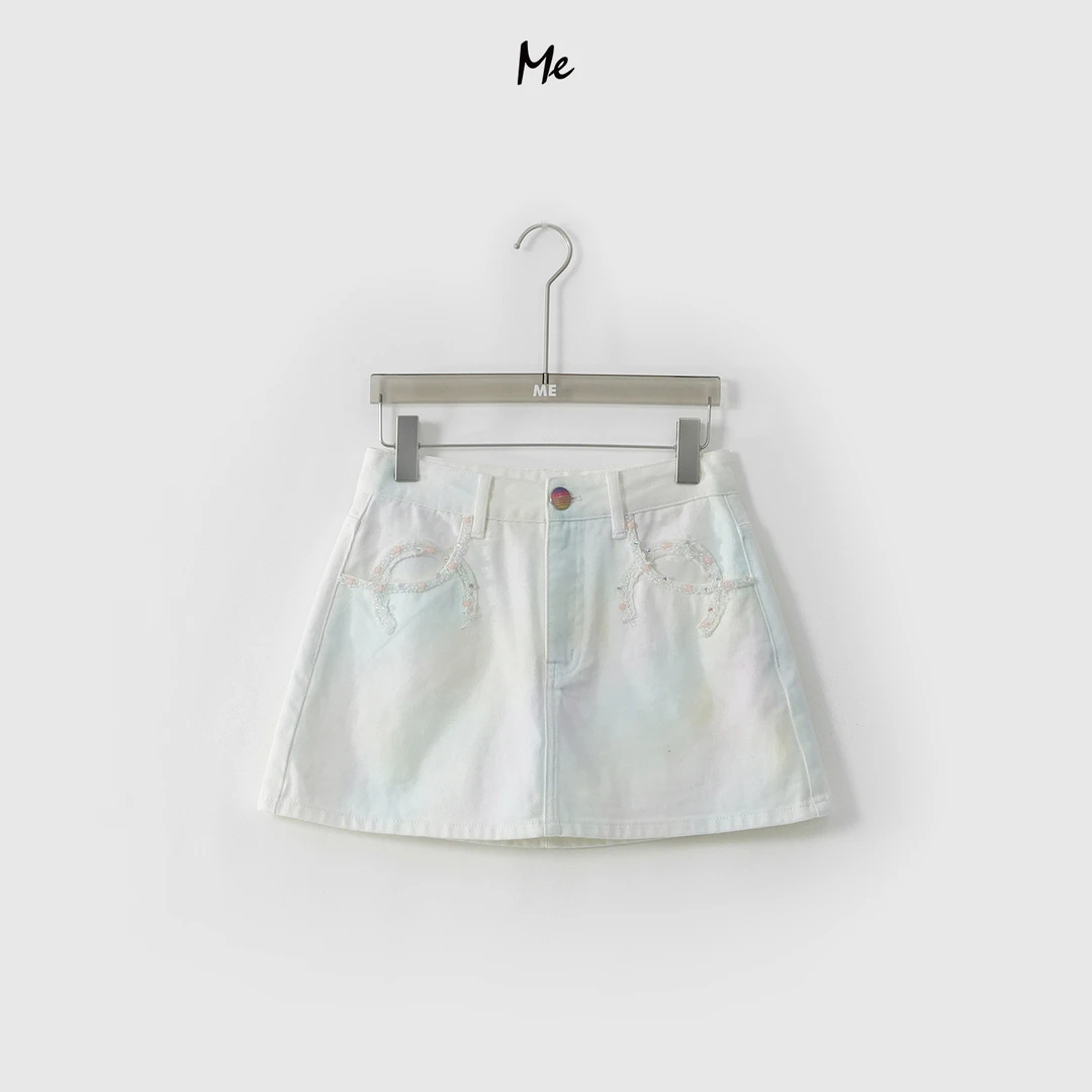 ME【钉珠晕染白牛裤裙】100棉高腰显瘦百搭时尚牛仔裙裤MESS4982