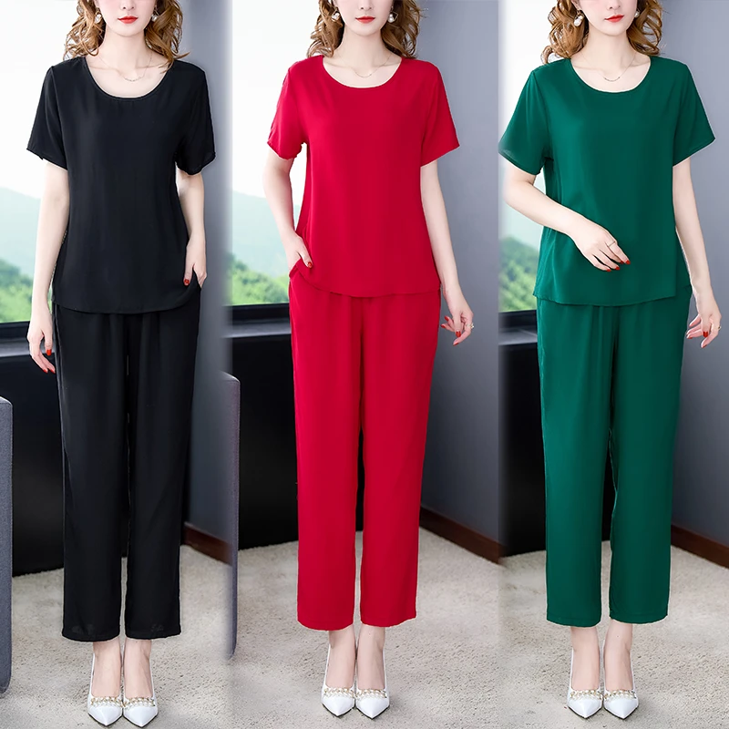 专柜高档中年妈妈棉绸套装女夏时尚宽松婆婆纯色睡衣家居服可外穿