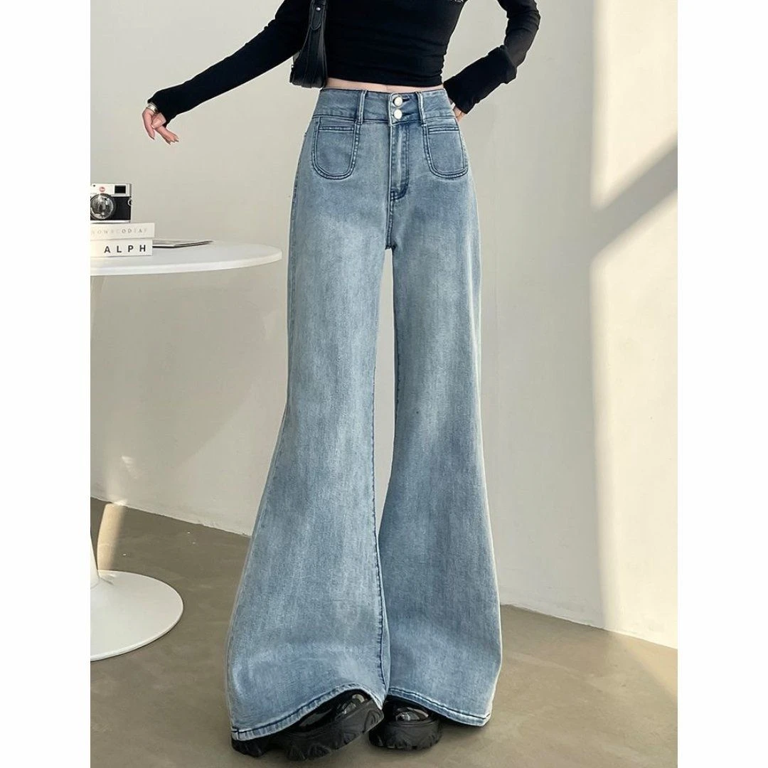 复古水洗阔腿牛仔裤女新款小众春秋百搭高腰拖地显瘦宽松喇叭裤子