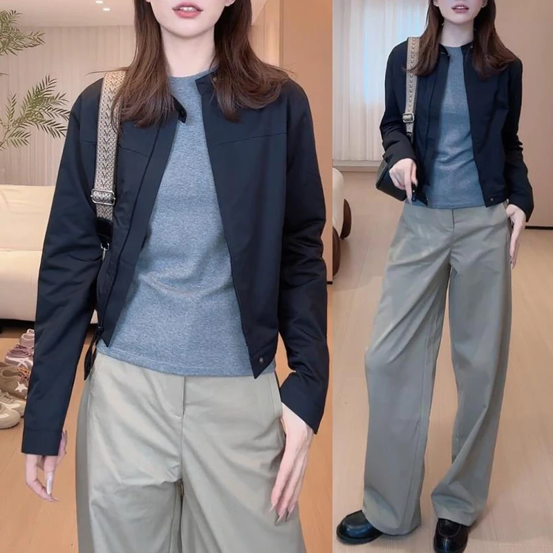 美式复古立领长袖外套女2025年春秋新款时尚休闲百搭夹克开衫上衣