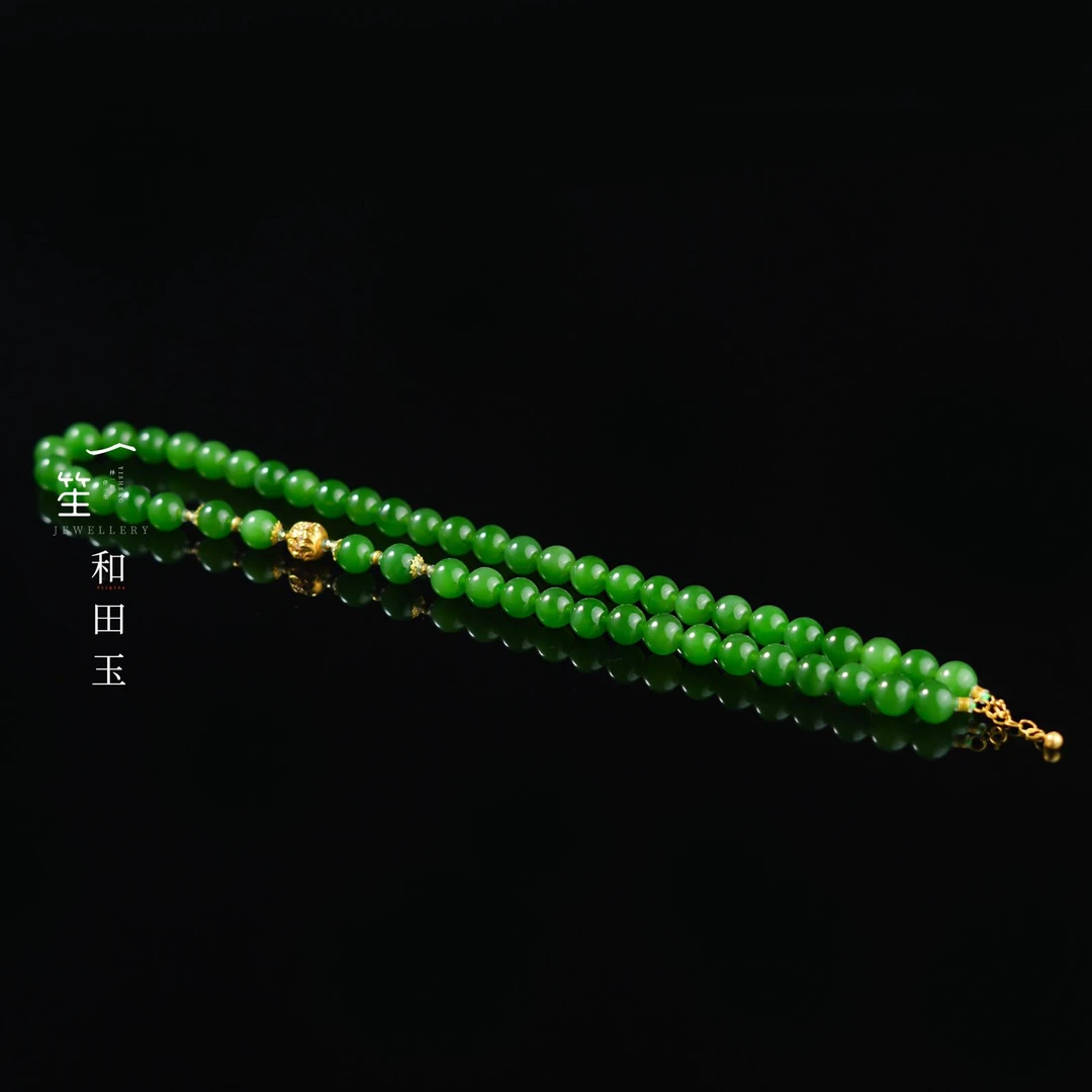 【一笙珠宝】天然和田玉碧玉辣绿项链18k金镶嵌约8mm YS20251