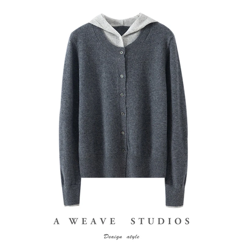 【品牌高货   100羊毛】秋冬新款假两件撞色休闲时尚连帽开衫B6097