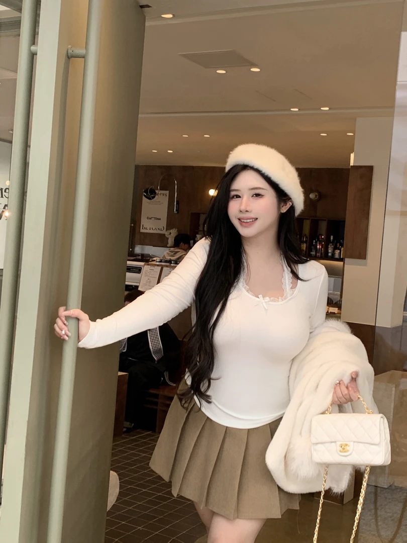 椿日栗 纯欲挂脖上衣秋冬磨毛加绒蕾丝打底衫内搭小香风长袖T恤