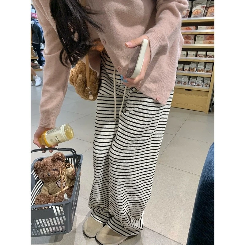 大码白色条纹休闲裤女2025秋冬加绒宽松显瘦慵懒垂感阔腿裤71525