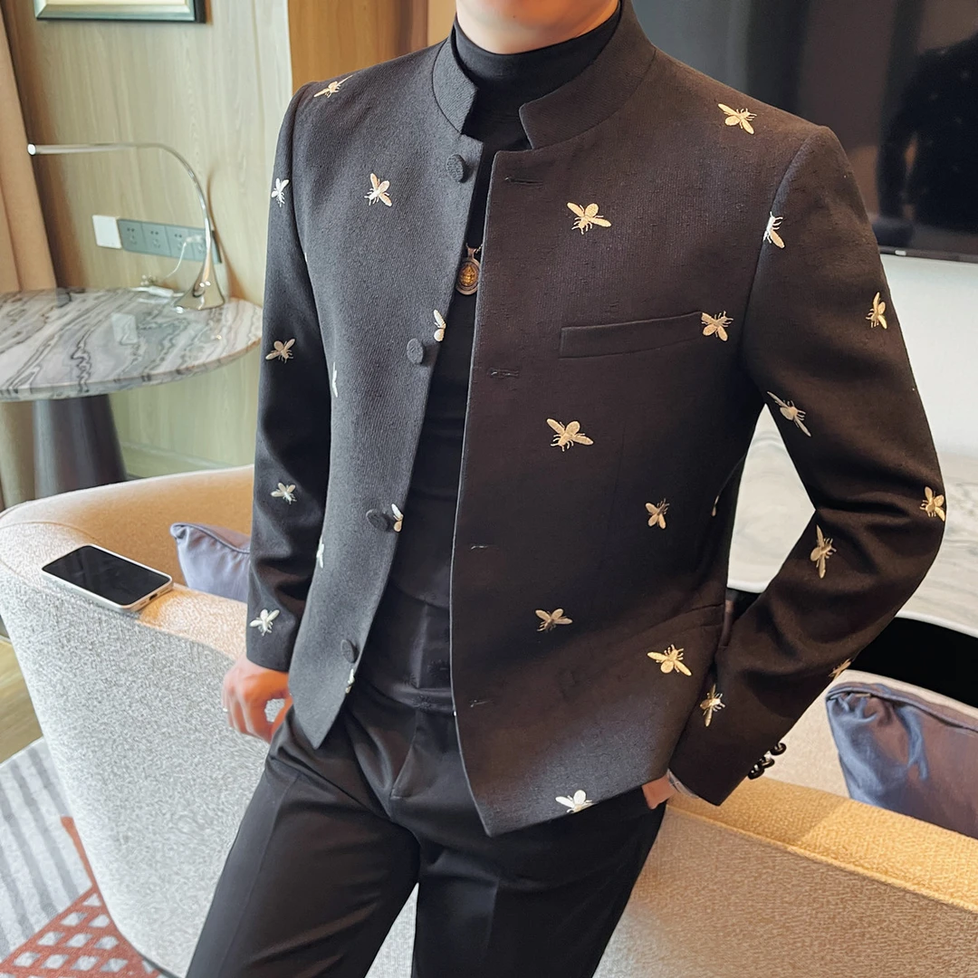 中式西服上装秋冬中国风韩版立领刺绣长袖男士春秋休闲复古潮流