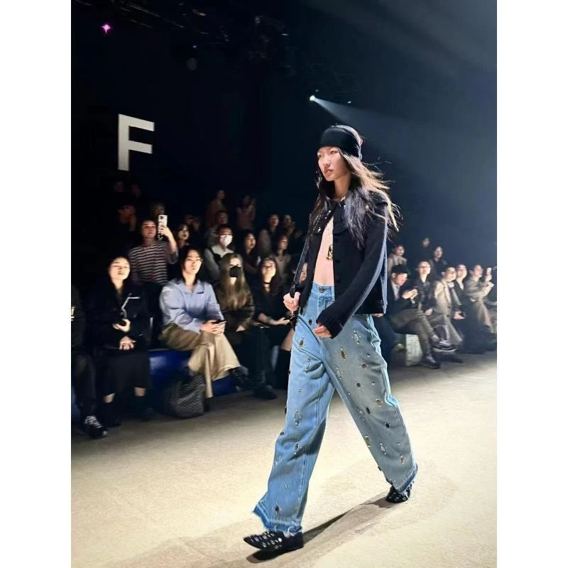 ZZ休闲风阔腿裤牛仔裤冬季重工设计师长裤学院风厚款X155