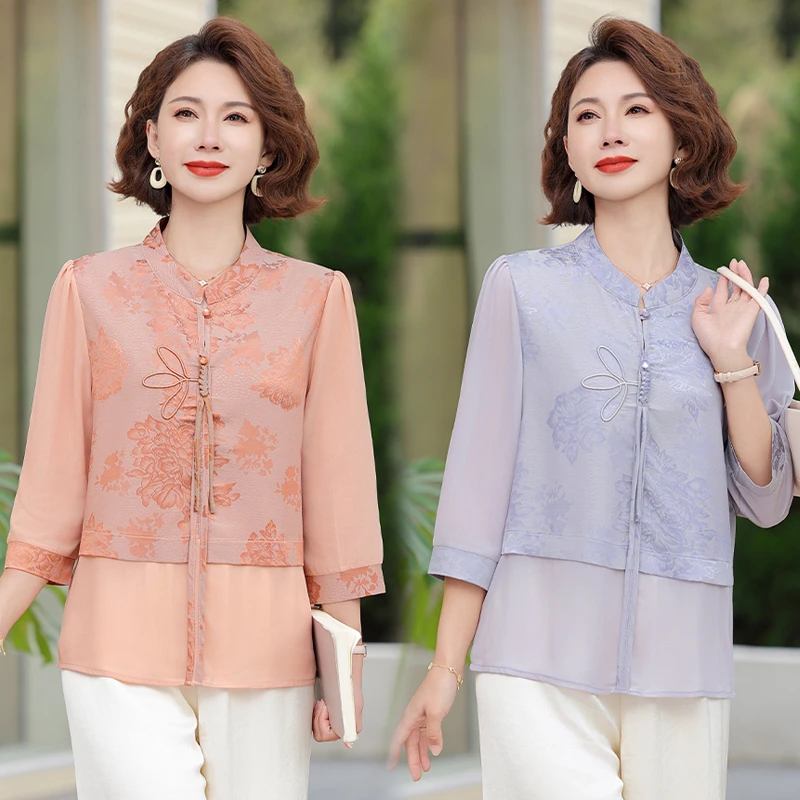 中年妈妈夏装新中式国风2025新款洋气中老年女装上衣服假两件套
