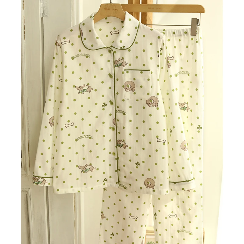 春夏季纯棉女士睡衣宽松翻领双层棉纱长袖长裤家居服套装