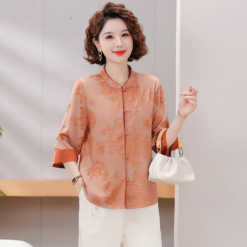 夏季新款国风盘扣衬衫气质中老年人女妈妈装T恤中袖衣服洋气衬衣