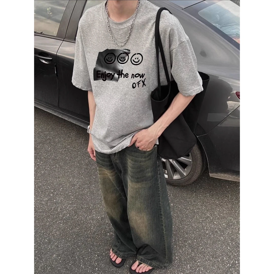 国潮美式休闲手绘笑脸短袖T恤男女夏季高街宽松重磅情侣上衣潮