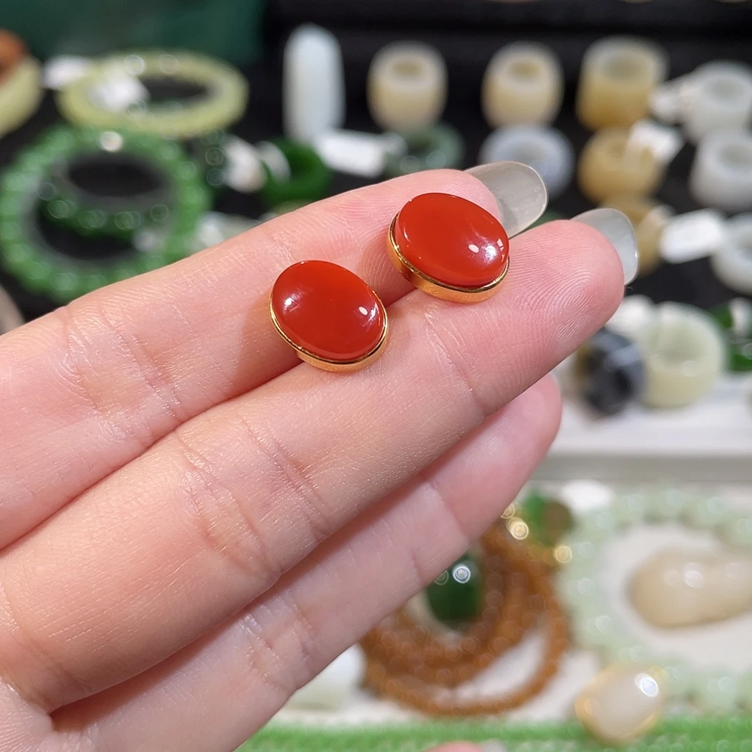 南红玛瑙18K金镶嵌耳饰