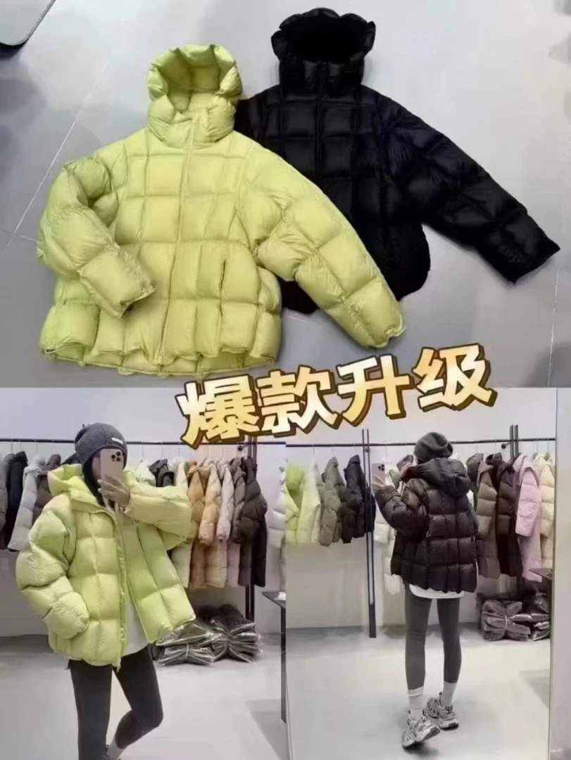 【万象专属】90白鹅绒韩版羽绒服女连帽云朵泡芙方块格子宽松短款