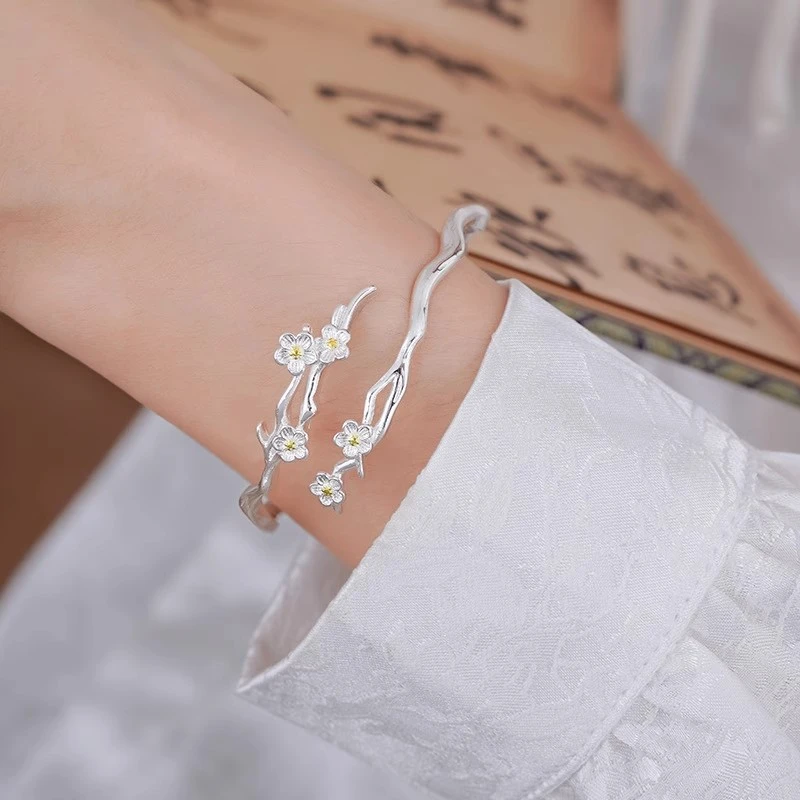 足银手镯 七夕送女友莫离茉莉花手镯 戒子 足银999小众设计高级感