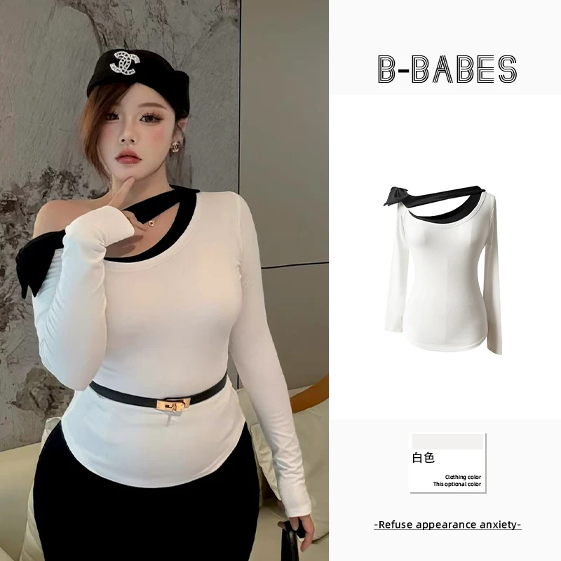 B-babes【教堂白鸽】不规则斜肩长袖T恤设计感微胖修身白色辣妹上衣