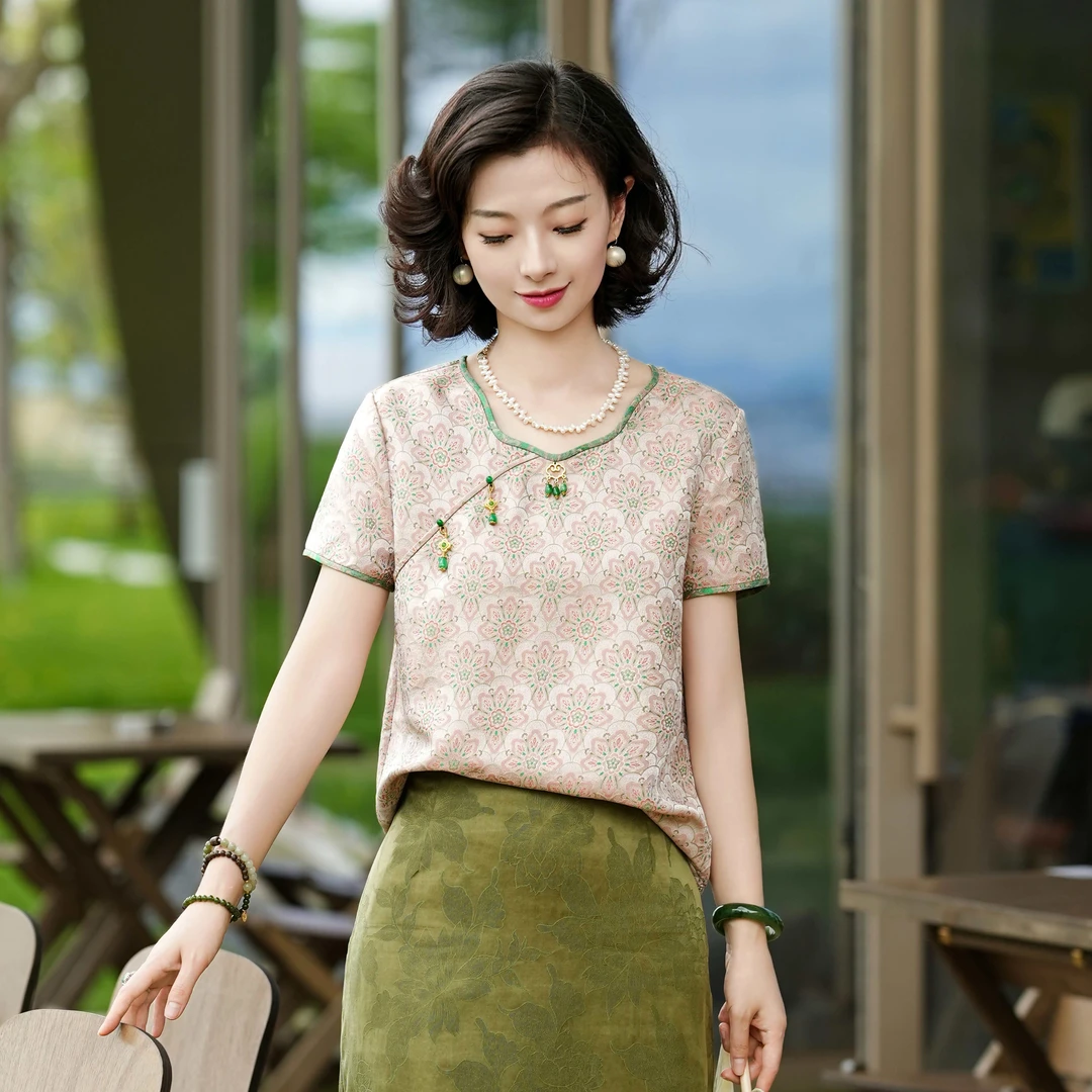 西子/【绿肥红瘦】非遗宋锦桑蚕丝宝相花压襟短袖小上衣/SYBH1789
