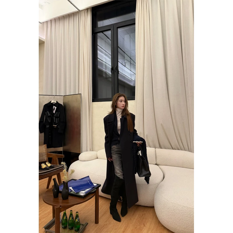 12/27冬款上新CUN BLVD 气质长款翻领显瘦单排扣大衣外套