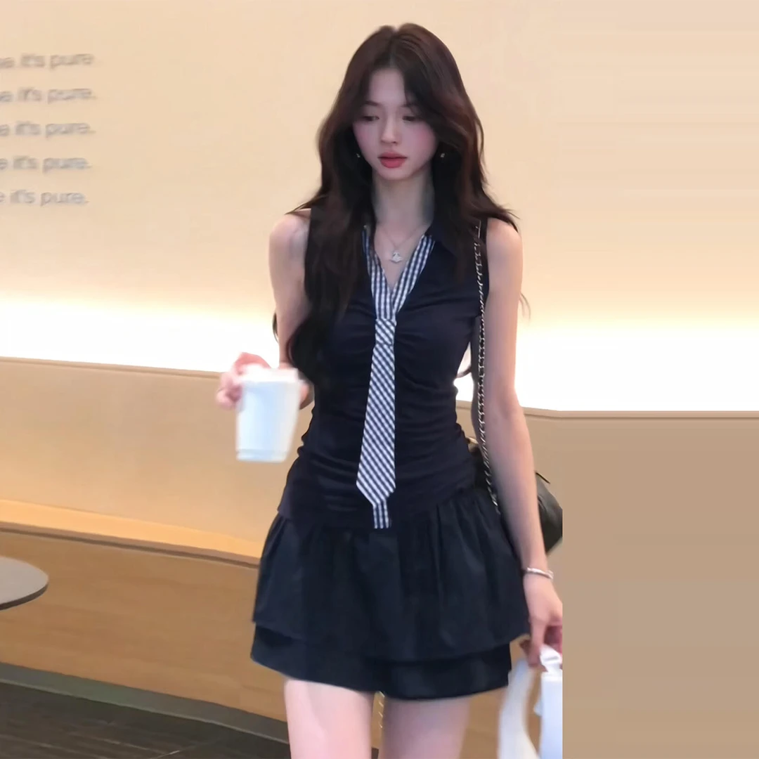 韩系学院风套装女夏季纯欲修身无袖上衣小个子a字短款裙裤两件套