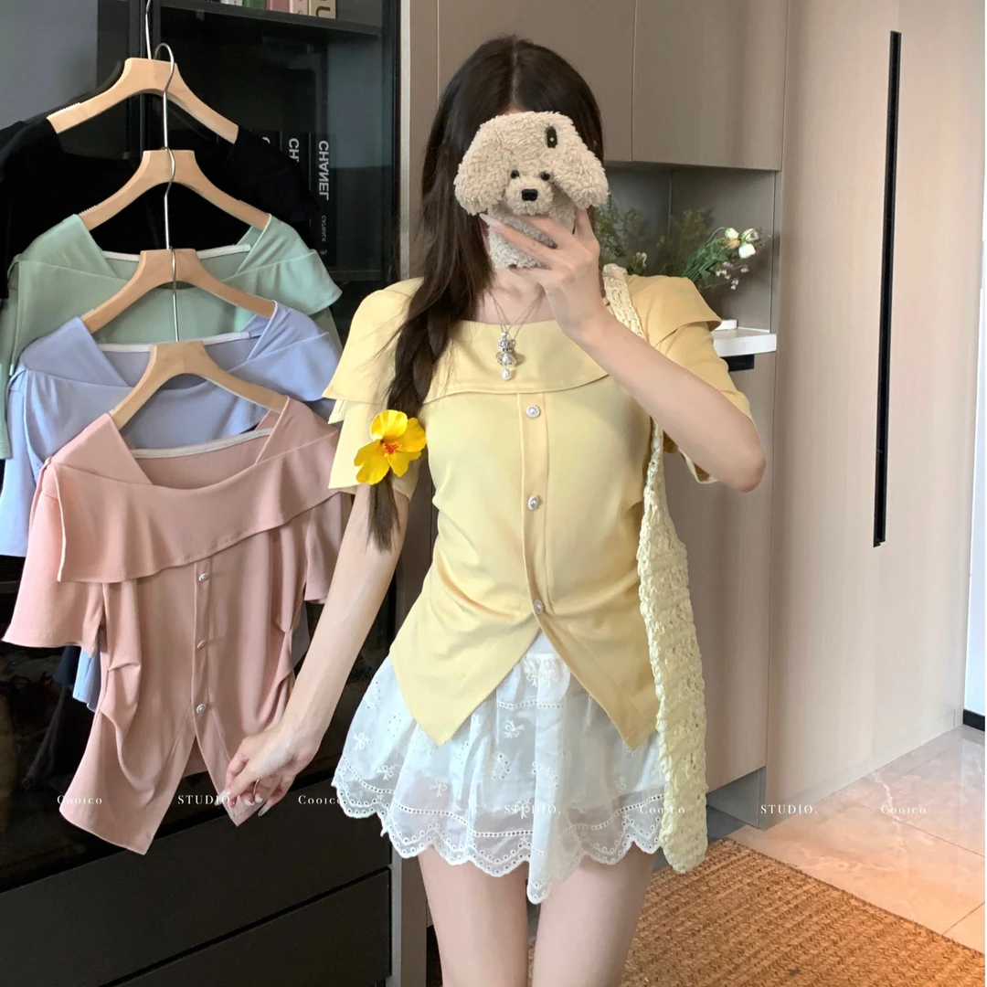 6570 大码女装韩版纯欲不规则方领短袖上衣女