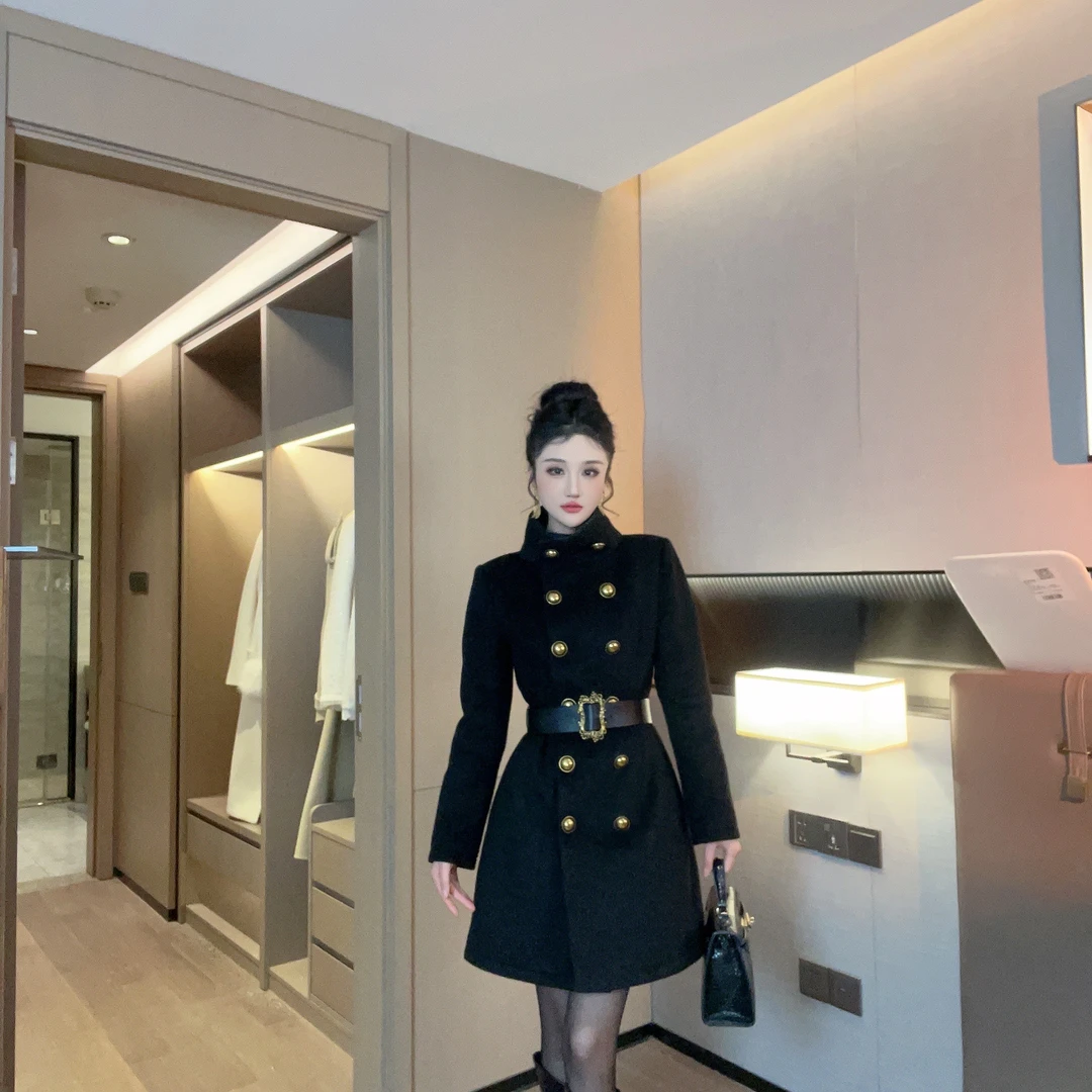 2024琪琪新款秋冬气质名媛黑色大衣DA1DCO020