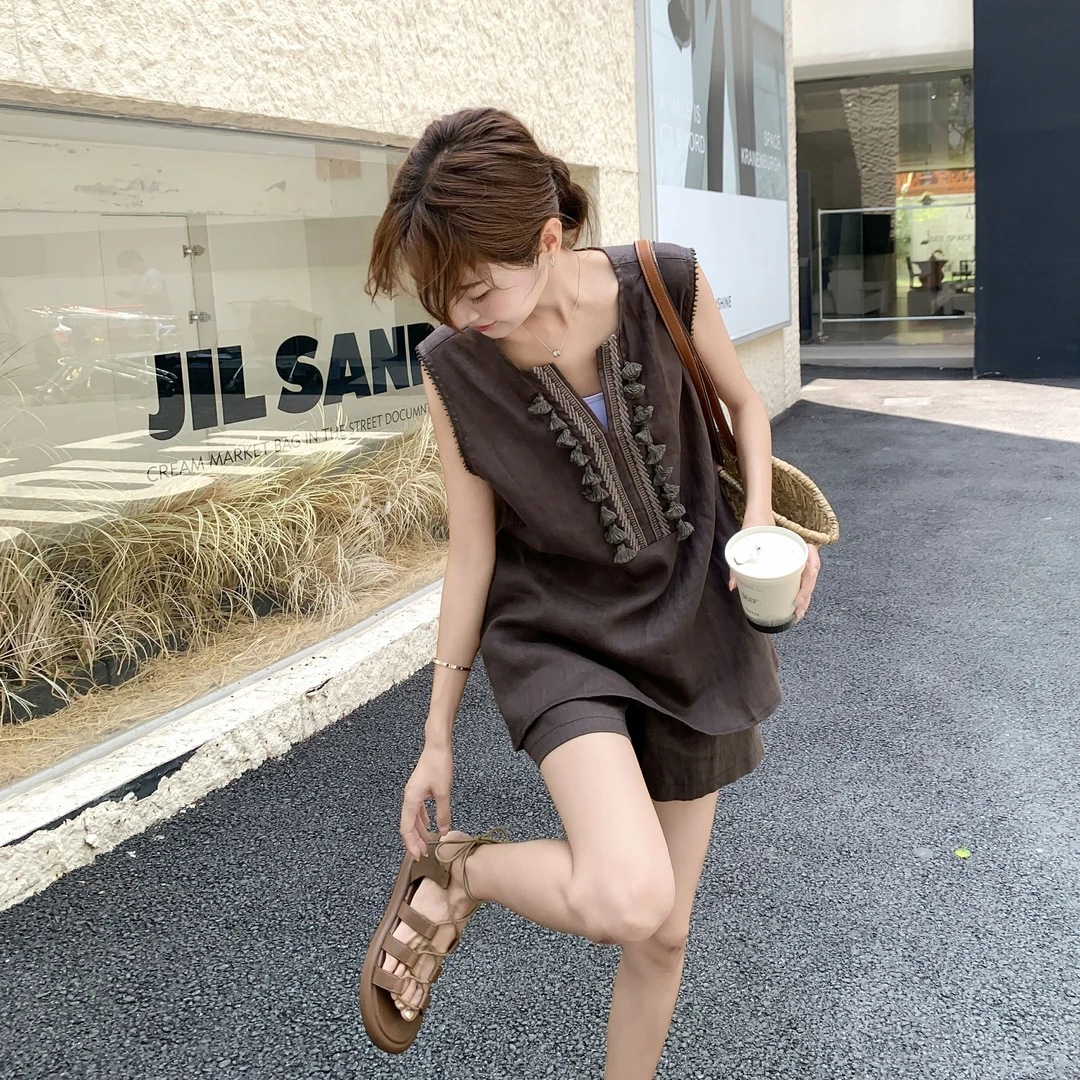 流苏刺绣无袖马甲背心上衣短裤套装女夏大方得体流行两件套爆款
