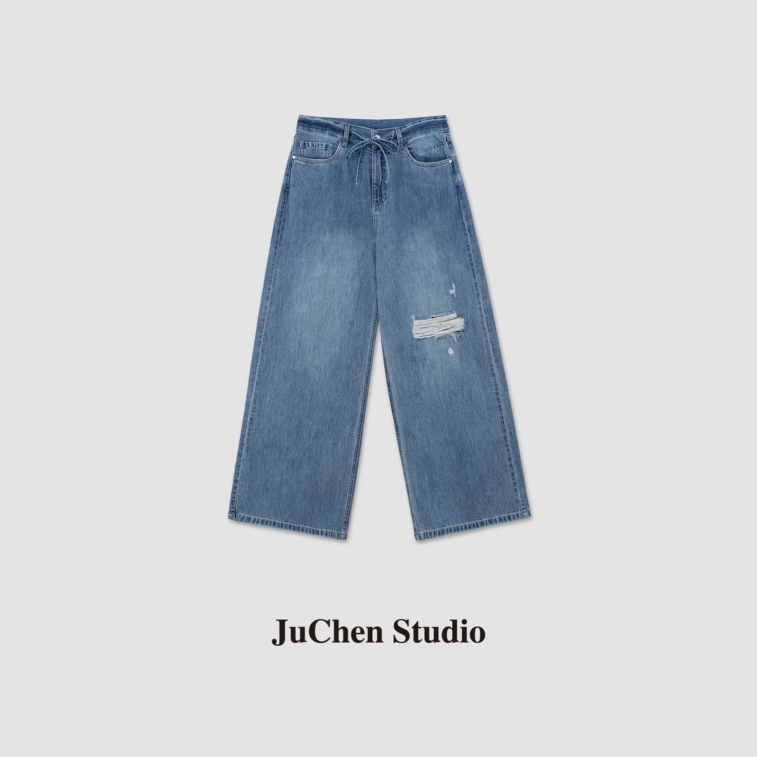 美式高阶破洞软牛仔春夏水洗磨白休闲阔腿牛仔裤 SS205004-105