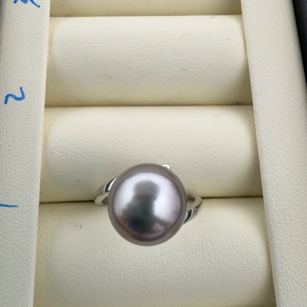 戒指银S925镶嵌海水珍珠大溪地正圆戒指紫皮蓝心11.2mm