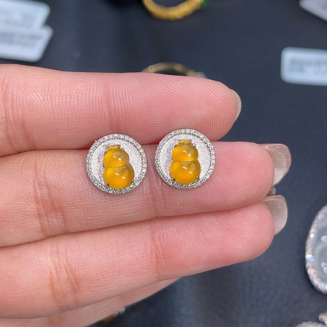 翡翠18K金镶嵌耳饰葫芦