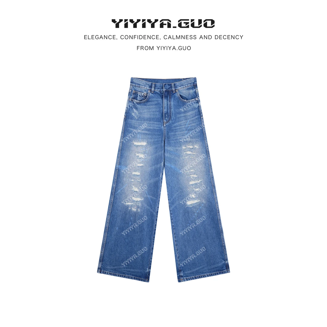 yiyiya.Guo艺艺吖【印记】休闲时尚百搭做旧直筒牛仔裤子080310SS52