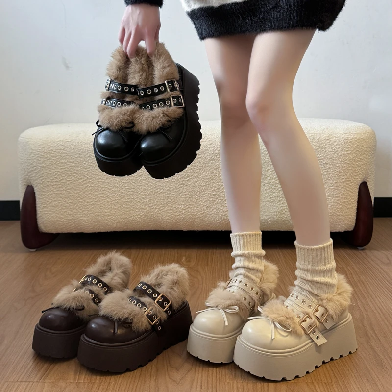 法式厚底增高毛绒玛丽珍棉鞋女2025新款秋冬小个子加绒勃肯毛毛鞋