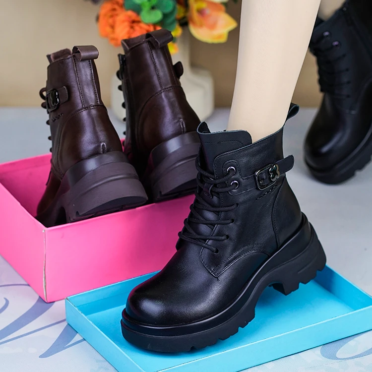 JAQ6632冬季新款小个子显高厚底加绒女真皮英伦风百搭复古马丁靴