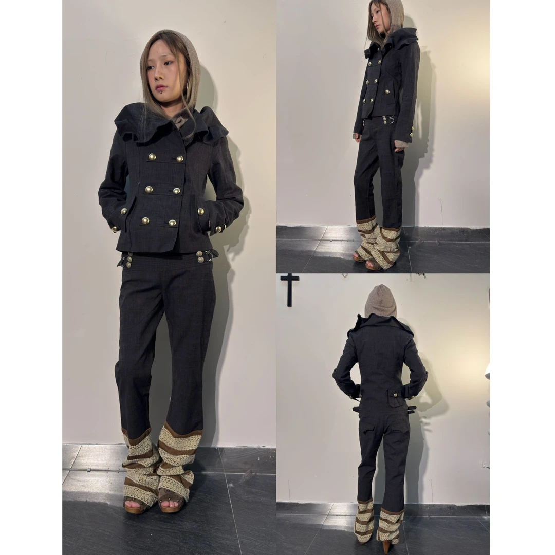 Fearless”复古宫廷设计感双排扣拼接牛仔套装