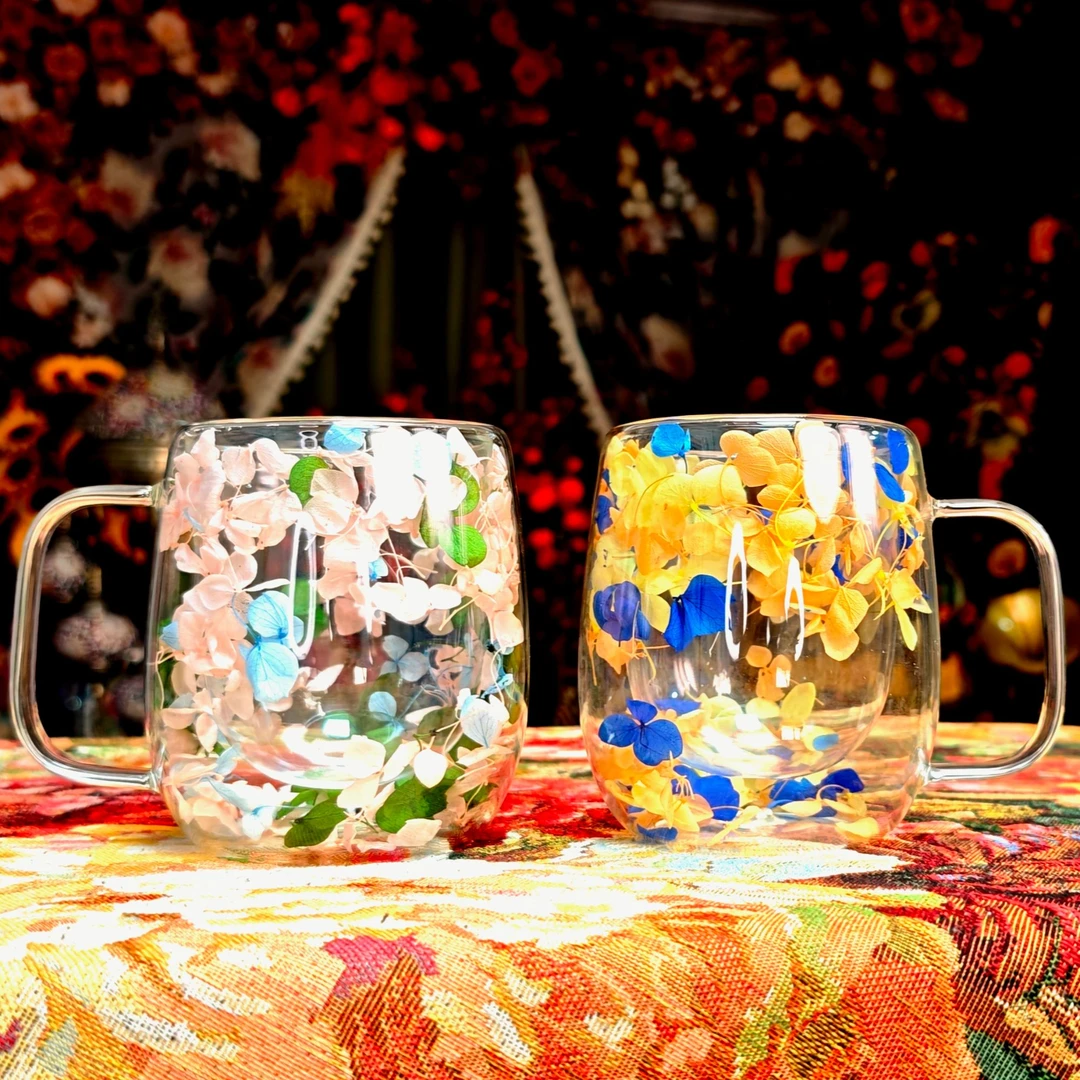 创意新品真花双层杯家用咖啡杯玻璃水杯酒吧咖啡厅杯子高颜值花杯