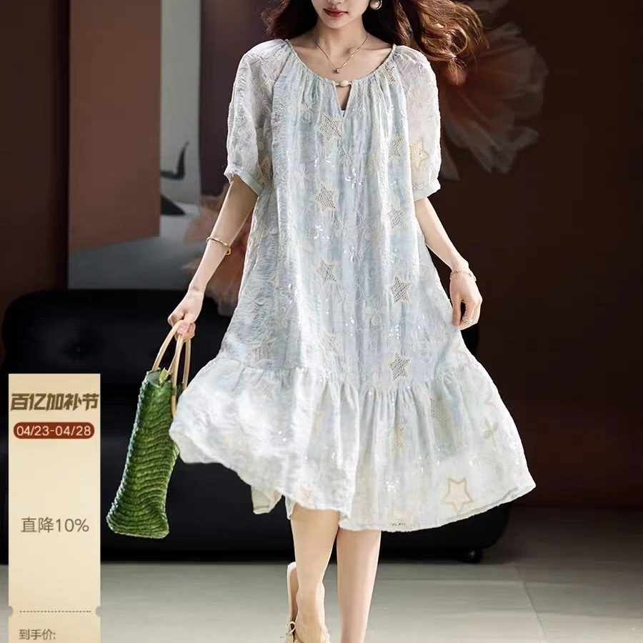 哥弟阿玛施正品2025夏季流行刺绣印花棉麻宽松长裙天丝刺绣长裙欧