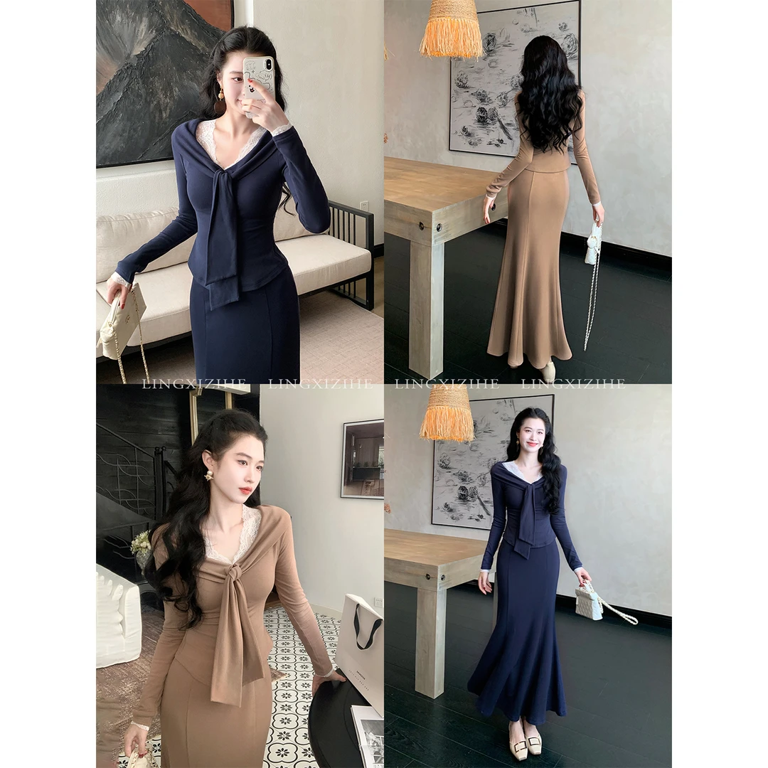 凌茜恣禾【松间语】国风新中式藏青咖针织套装温婉优雅气质套装裙