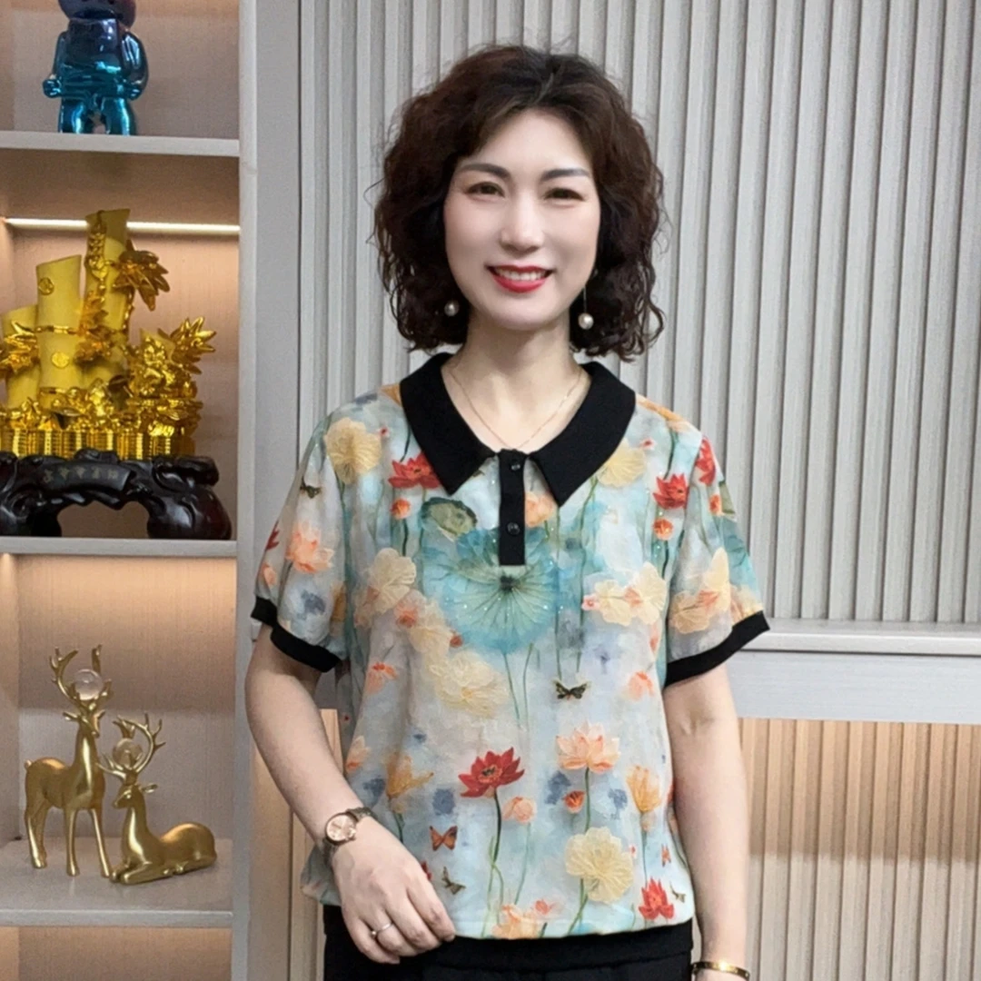 妈妈装流行欧若拉时尚潮牌女装宽松夏装女士独特漂亮小衫休闲短袖