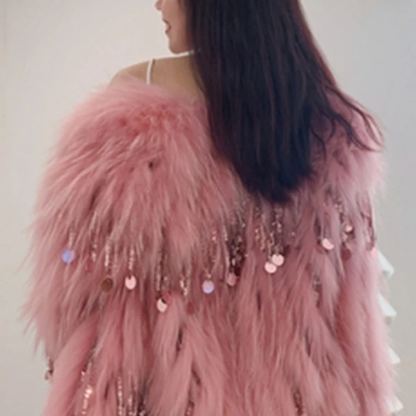 日光岛屿貉子毛真毛编织车条皮草外套女流苏亮片年轻款气质短款大