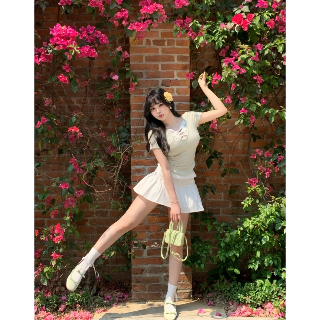 清清萌面侠芝士【薄荷冰沙】纯欲拼接收腰短袖针织上衣 4483