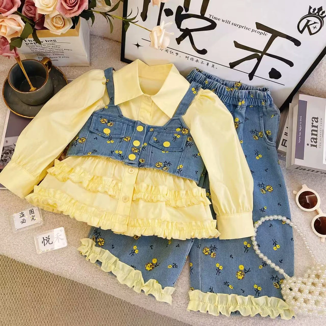 T3【悦禾】秋款上新甜美设计感牛仔马甲长裤女童洋气韩范套装7713