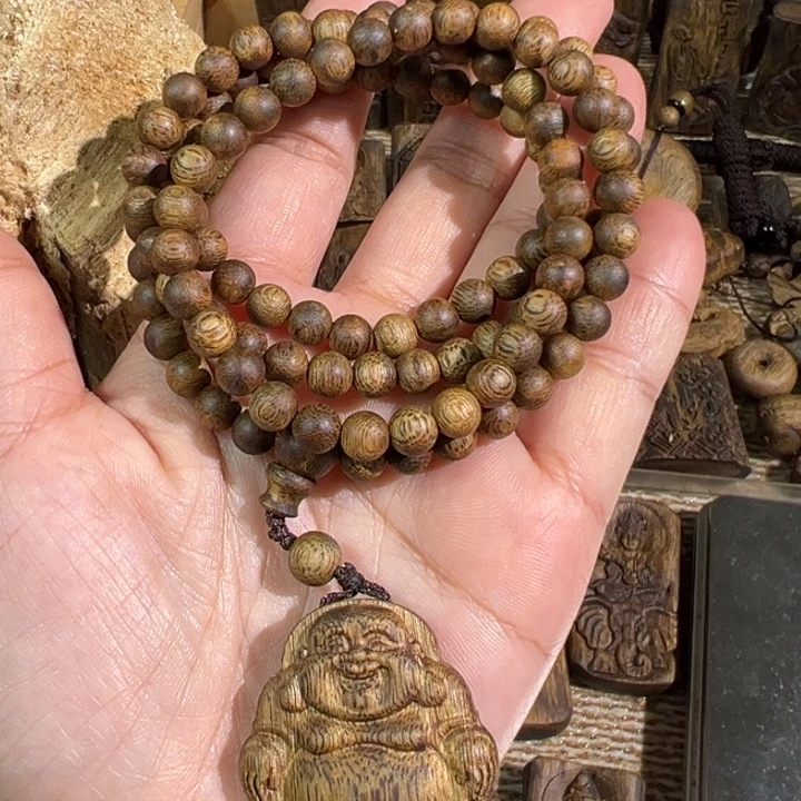 沉香沉香碎屑白棋楠沉香多圈手链+雕刻牌