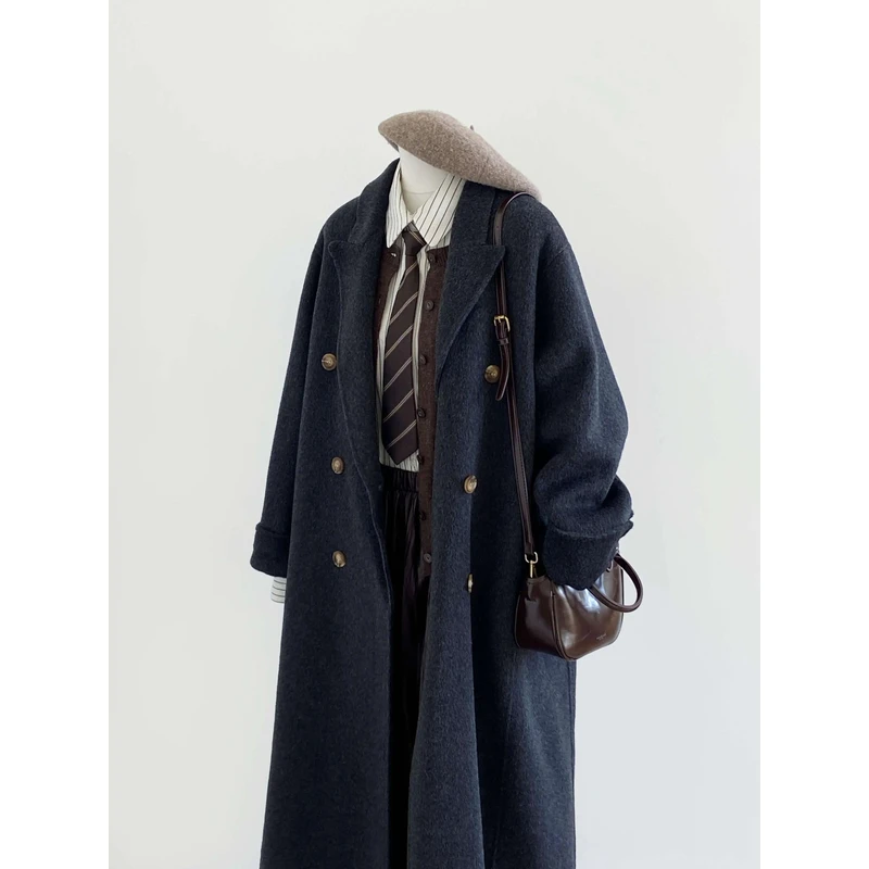 2025秋冬新款韩版双面羊毛大衣西装领中长款宽松显瘦羊毛呢外套女