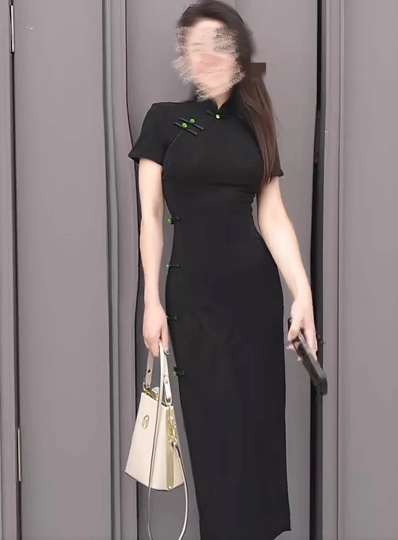 【惜姐专属】新中式日常旗袍黑色提花收腰改良旗袍微胖女生衣长120