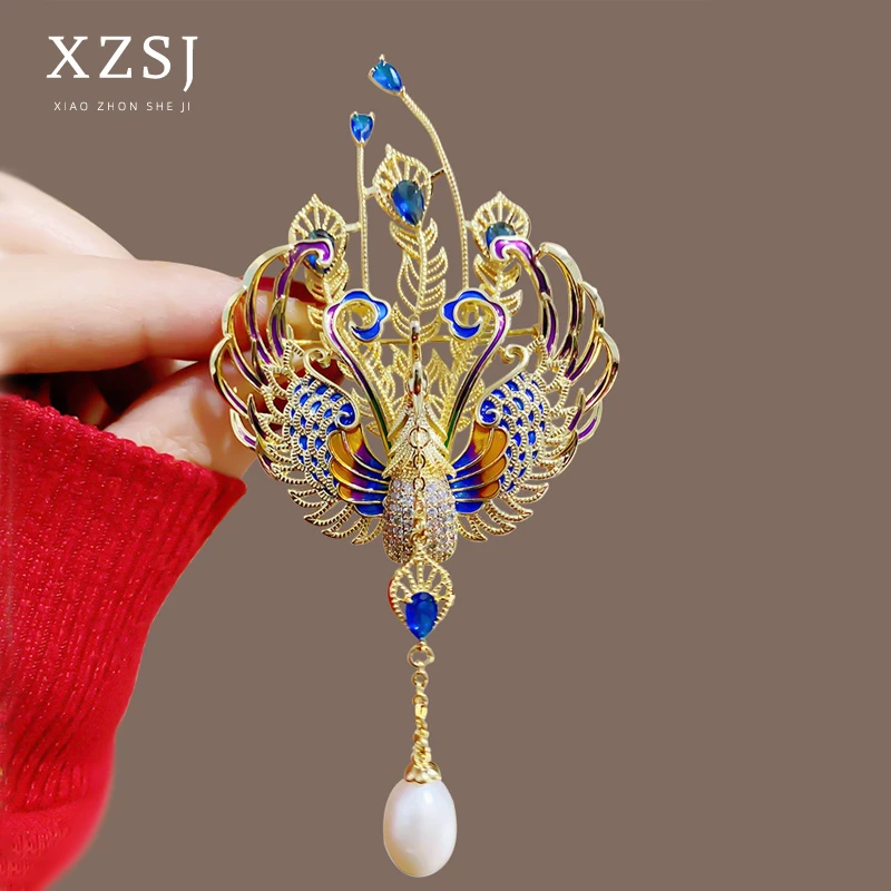 铜锆石胸针 中国风高档百鸟朝凤别针女高档珐琅珍珠凤凰胸花配饰