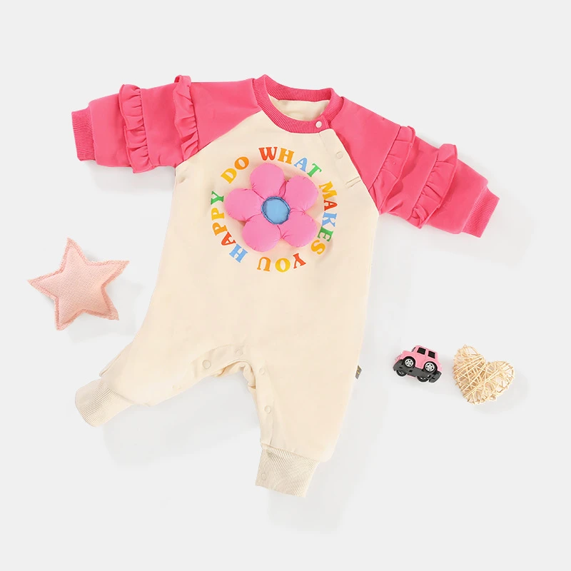 婴儿连体衣秋冬季加绒女宝宝衣服婴儿衣服立体小花圆领新生儿衣服