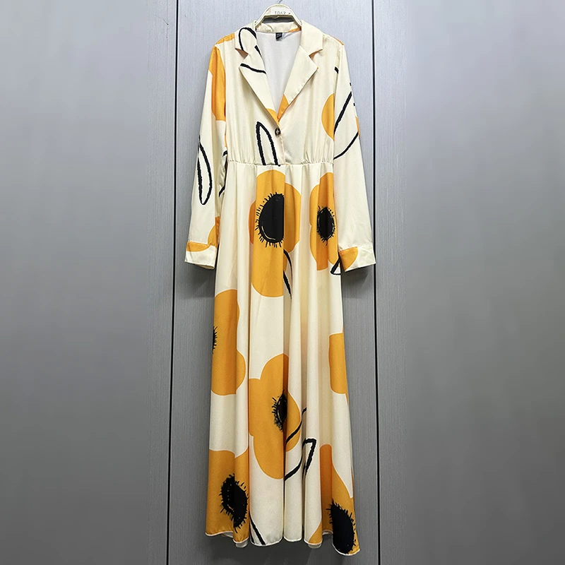 外贸原单新款女装宽松长袖西装领松紧腰显瘦百搭套头印花连衣裙