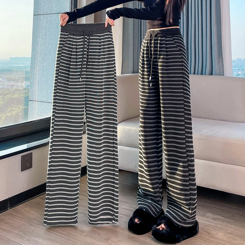 显瘦窄版阔腿裤女直筒休闲九分条纹春秋冬季加绒加厚垂感休闲裤子