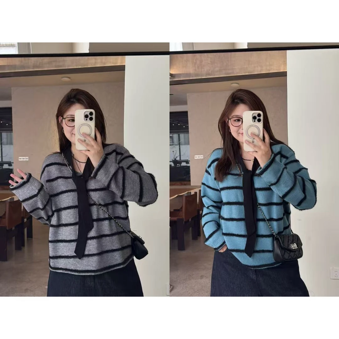 晶咕佳佳【周末记】假领带设计毛流感条纹套头针织衫宽松长袖时尚