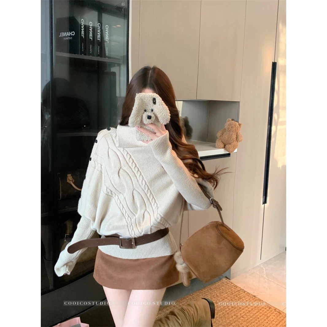 宽松加厚套头高领毛衣女秋冬慵懒高级感长袖上衣设计感韩系针织衫