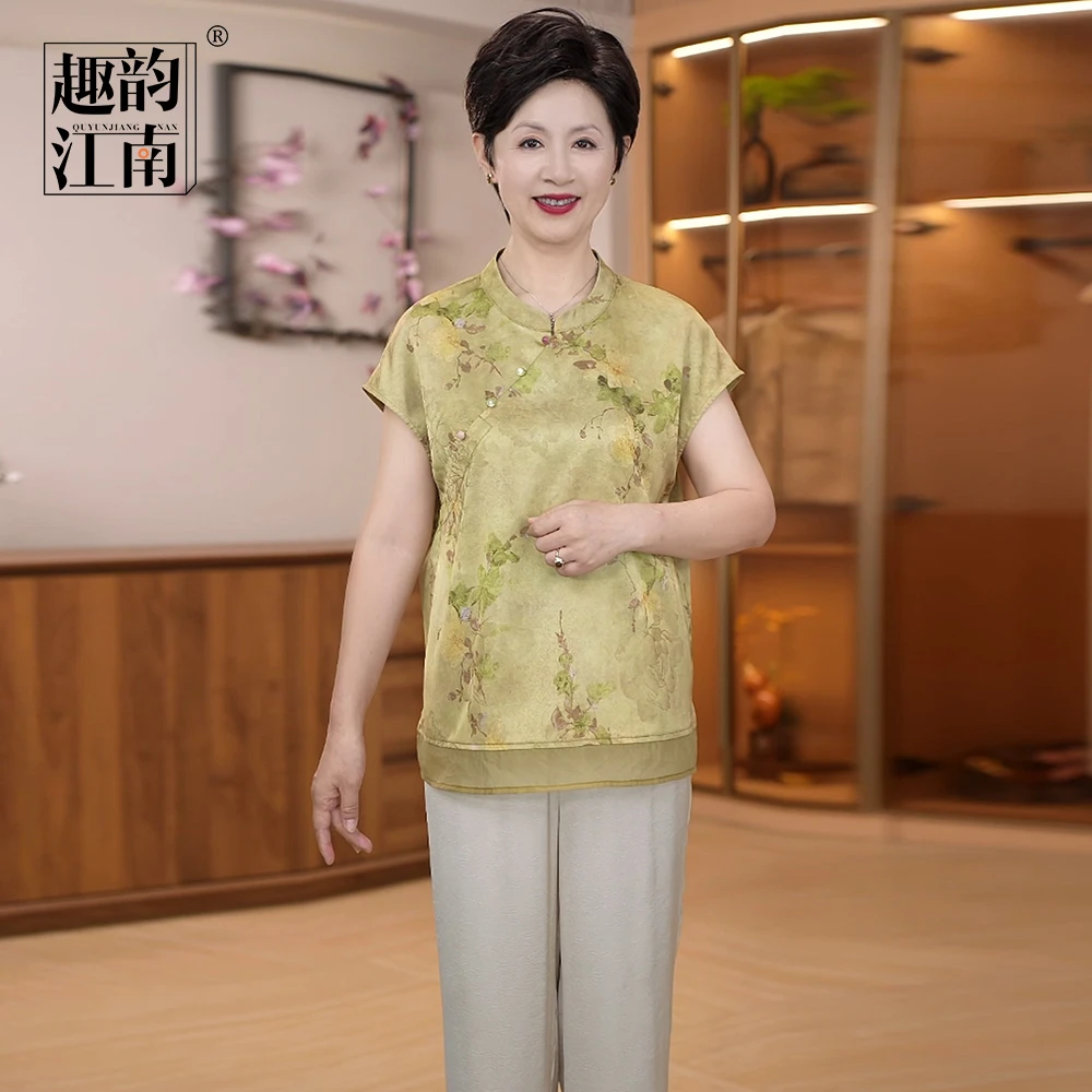 趣韵江南奶奶装复古印花气质印花小衫中老年时尚中式夏季两件套