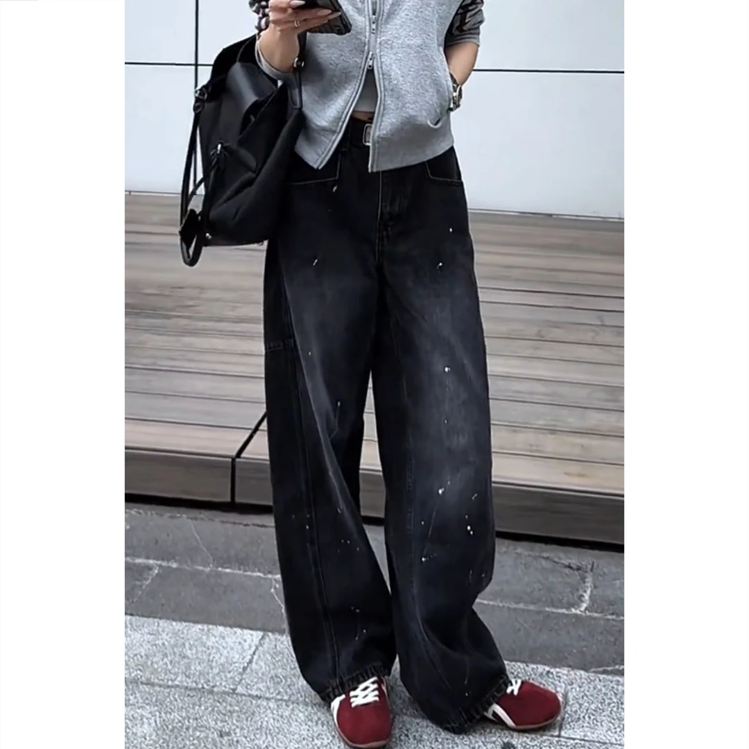 艾塔莉秋季新款女美式牛仔裤宽松百搭阔腿裤子彩绘点彩长款拖地裤
