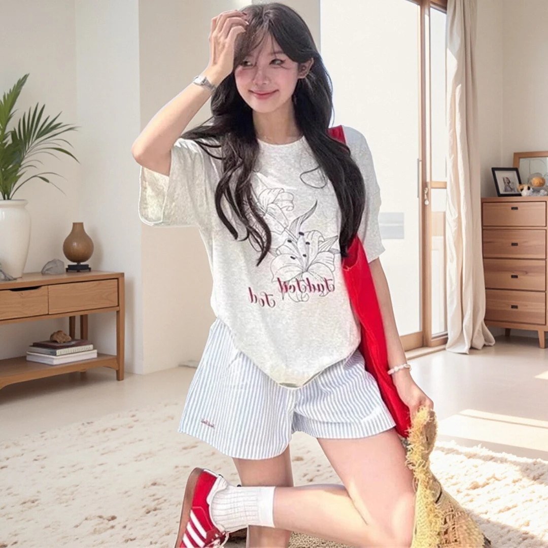 孕妇裤2025新款粉色竖条纹休闲短裤夏季运动宽松A字裤沙滩五分裤